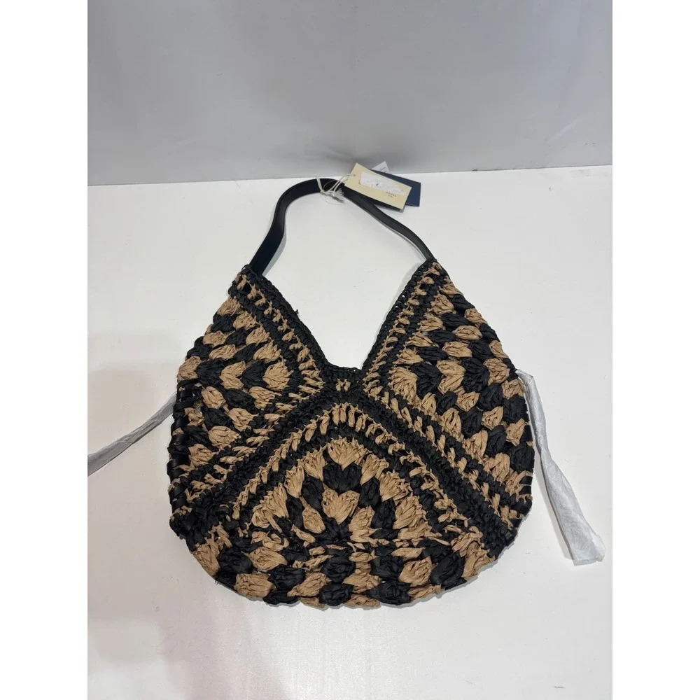 A New Day Straw Hobo Bag Women One Size Black Tan Crochet Woven Shoulder Bag
